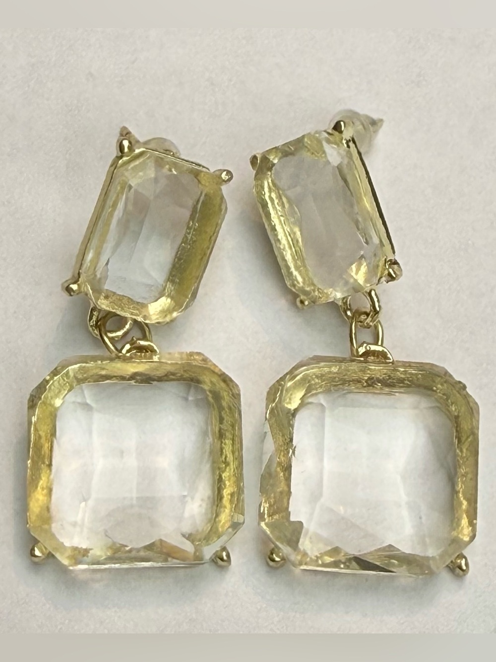 🧊 Gold-Tone Clear Crystal Ice Cube Drop Earrings - Women Jewelry - Picture 3 of 9